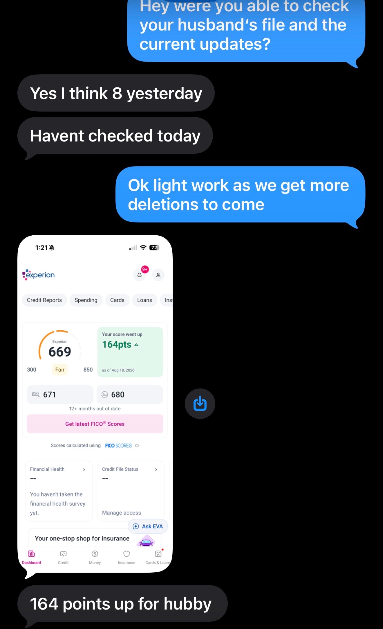 Experian credit score 669, up 164 points for client husband